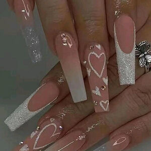 24Pcs Long Coffin Y2K French Tip Nails with Curved Rhinestone Design Set sh